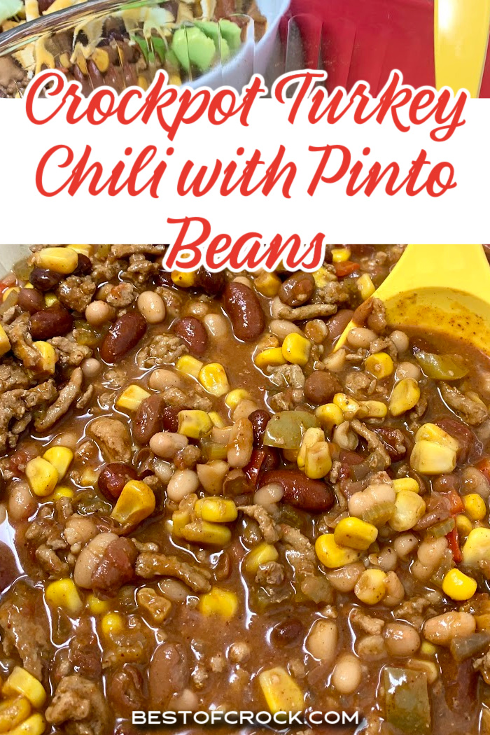 Crockpot turkey chili with pinto beans is an easy and healthy slow cooker dinner! Save time in the kitchen and add this crockpot dinner recipe to your meal planning. Healthy Crockpot Turkey Chili | Crockpot Recipes with Turkey | Ground Turkey Recipes Slow Cooker | Slow Cooker Chili Recipe | Crockpot Dinner Recipes via @bestofcrock