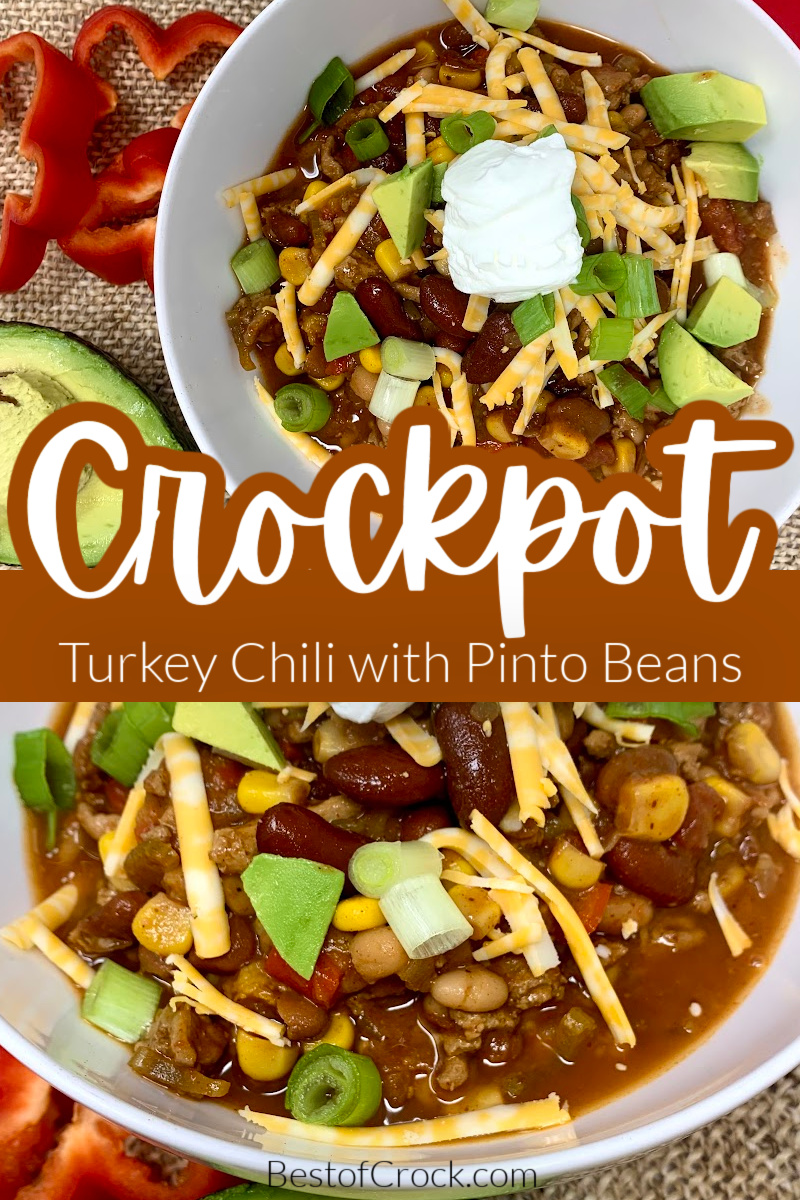 Crockpot turkey chili with pinto beans is an easy and healthy slow cooker dinner! Save time in the kitchen and add this crockpot dinner recipe to your meal planning. Healthy Crockpot Turkey Chili | Crockpot Recipes with Turkey | Ground Turkey Recipes Slow Cooker | Slow Cooker Chili Recipe | Crockpot Dinner Recipes via @bestofcrock