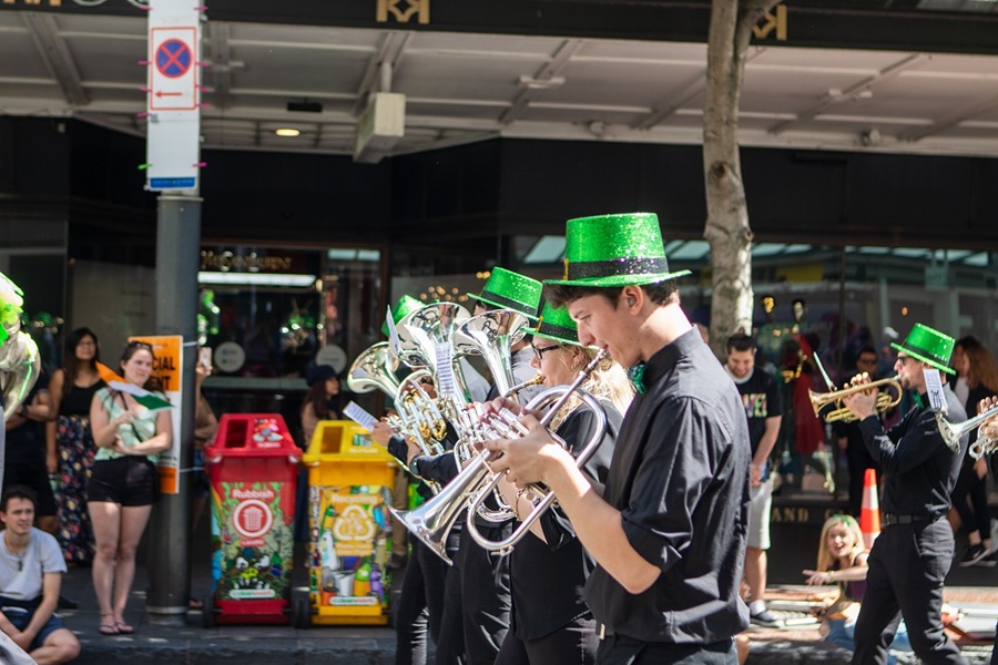 St. Patrick's Day Food Snack Ideas a Marching Band Wearing Green Leprechaun Hats Playing Instruments in a Parade Outside