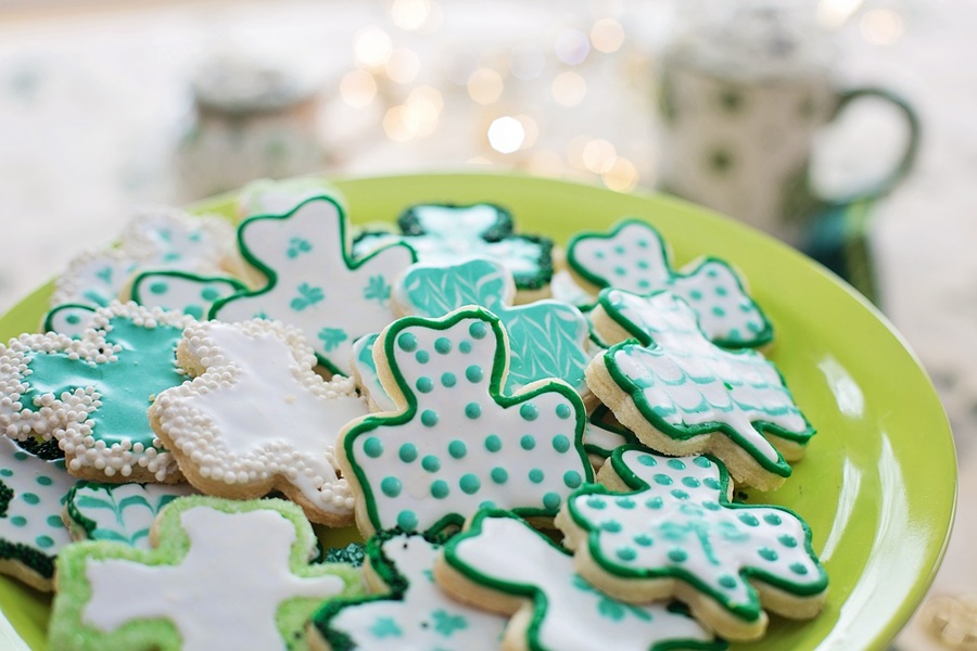 St. Patrick's Day Food Snack Ideas Close Up of a Plate of Shamrock-Shaped Cookies