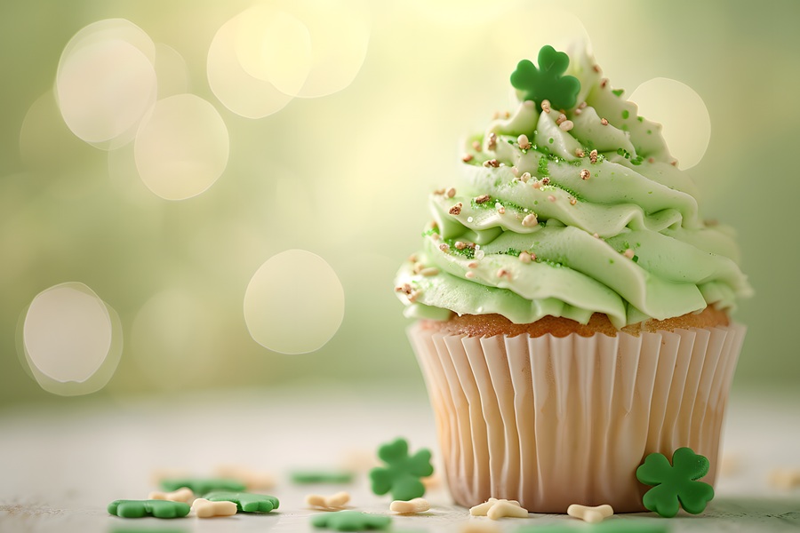 St Patricks Day Cupcake Recipes Close Up of a Cupcake with Green Frosting and Small Clover Sprinkles