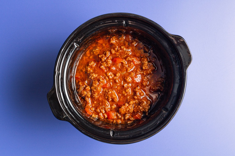 Crockpot Sloppy Joes Recipe Meat Mixture in Tomato Sauce in a Crockpot