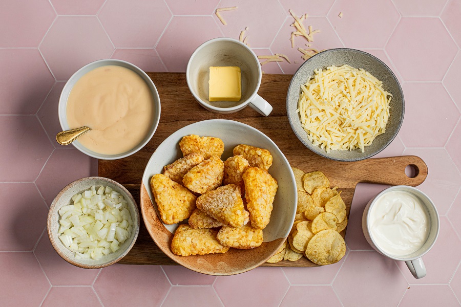 Cheesy Crockpot Hashbrown Potatoes Recipe Ingredients Spread Out on a Counter Top