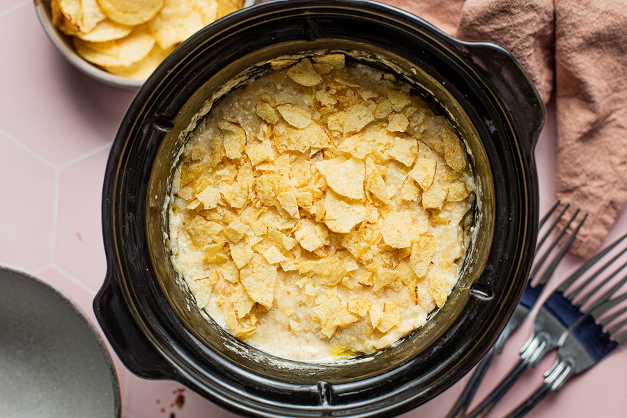 Cheesy Crockpot Hashbrown Potatoes Recipe Overhead View of Finished Casserole in a Crockpot