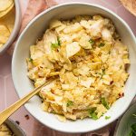 Cheesy Crockpot Hashbrown Potatoes Recipe Overhead View of a Bowl of Hashbrown Casserole