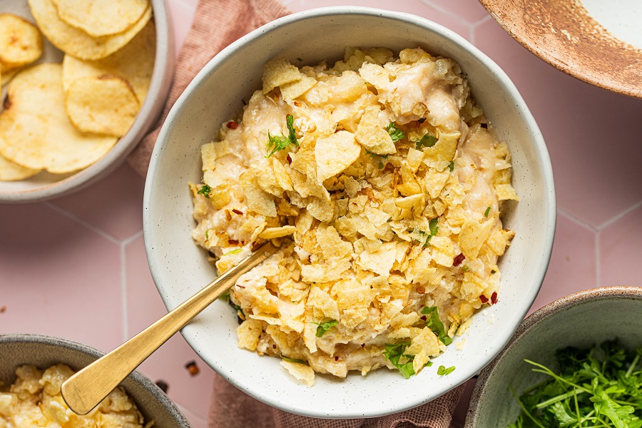 Cheesy Crockpot Hashbrown Potatoes Recipe Overhead View of a Bowl of Hashbrown Casserole